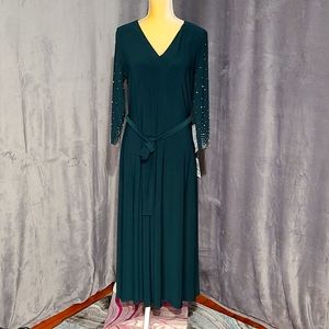 MSK Green 3/4 Beaded Sleeve Tie Waist Midi Fit & Flare Dress Size Large